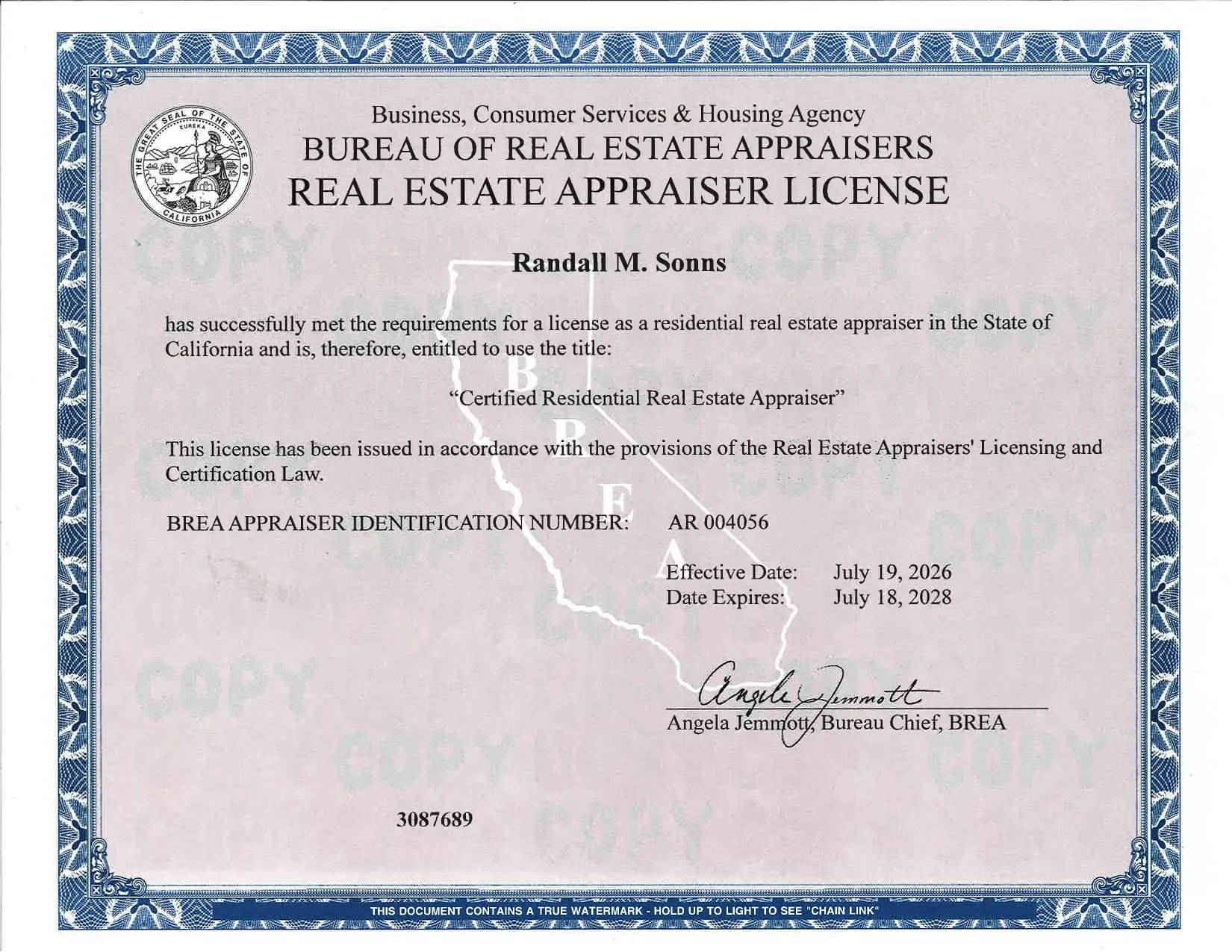 Scan of the California appraiser license for Randall M. Sonns, number AR 004056, expires July 18, 2028, marked COPY