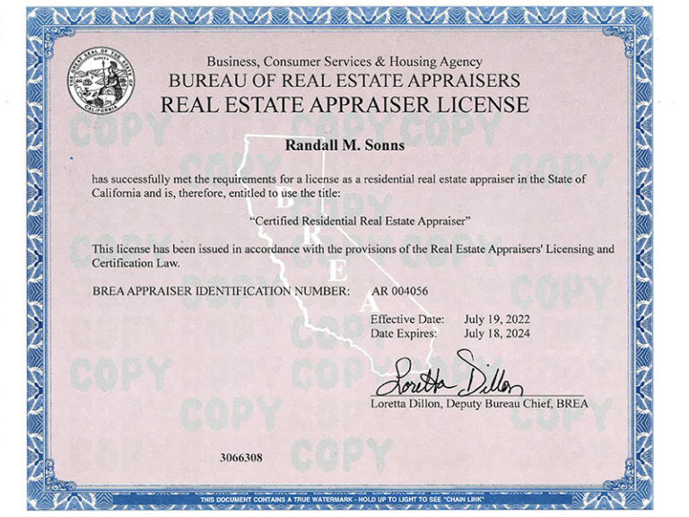 Bureau of real estate apraisers Real estate Appraiser License Randall M. Sonns