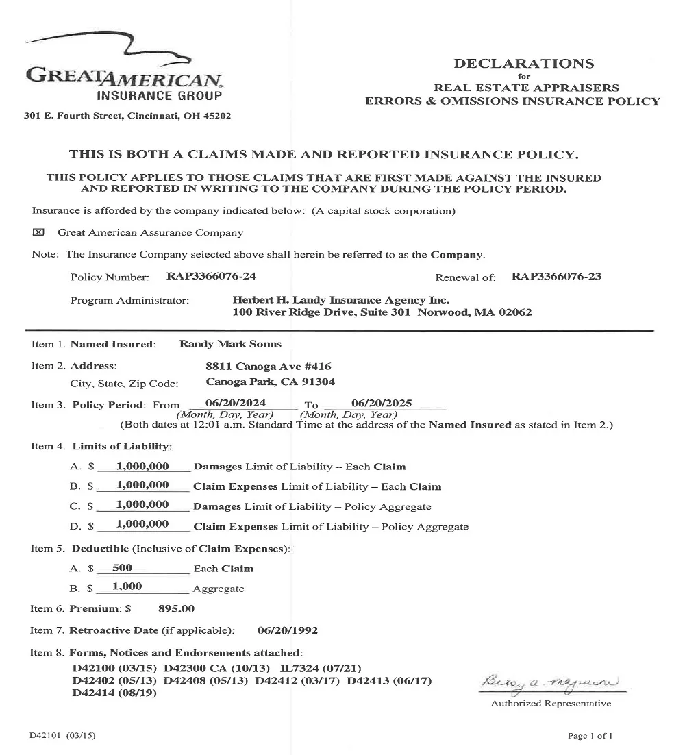 Great American Insurance Group Declarations For Real Estate Appraisers 2024-2025